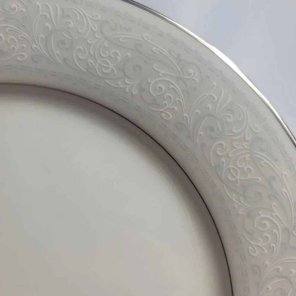 TWO Noritake Trudy Dinner Plates Ivory with Blue & White Scrolls 7087